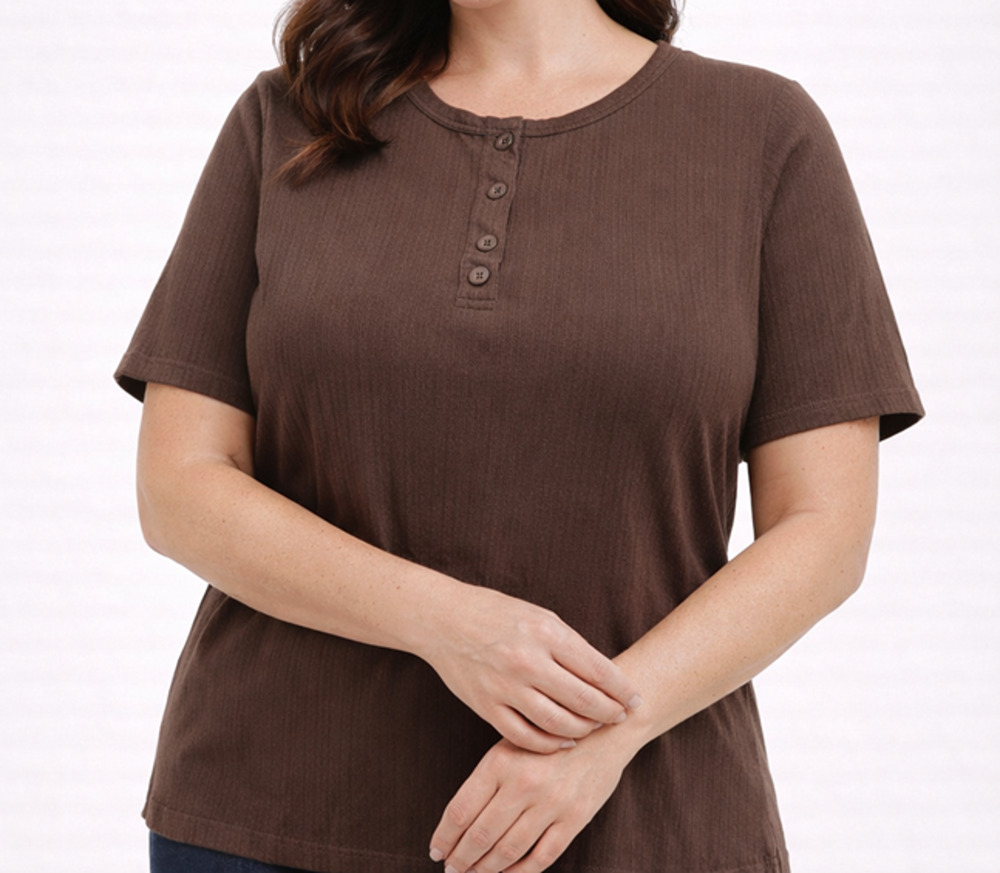 T-Shirt Women Henley Brown Ribbed Knit Casual Core Basics Vacation Cruise Size L